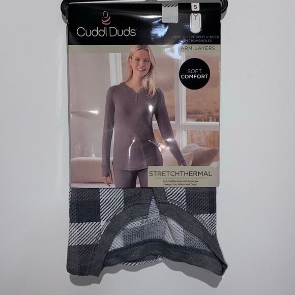 Cuddl Duds Women's Gray Check Stretch Thermal Long Sleeve V-Neck Top Small NWT - Picture 1 of 7